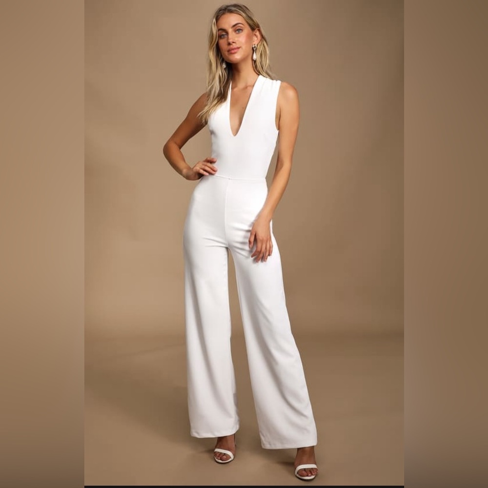Thinking out loud, white backless jumpsuit